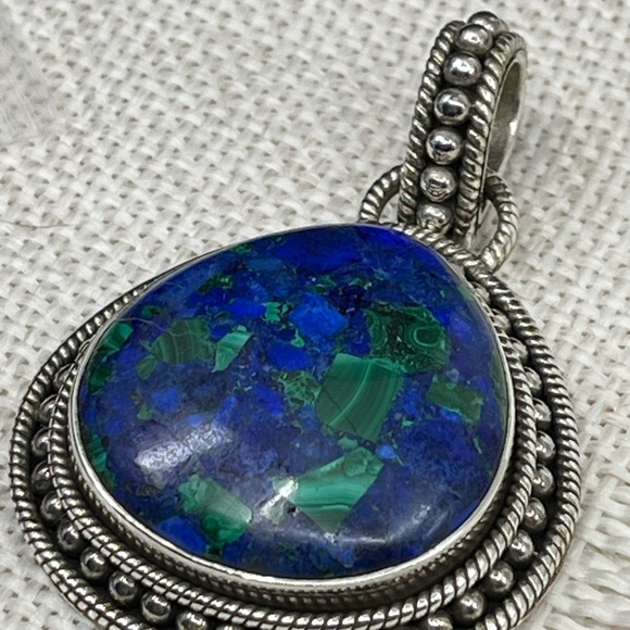 Vintage 925 Sterling Silver Azurite-Malachite Pendant - Picture 3 of 17
